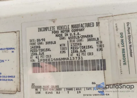 1991 Ford Econoline E150 Van from USA, damaged, VIN 1FDEE14N6MHA13731